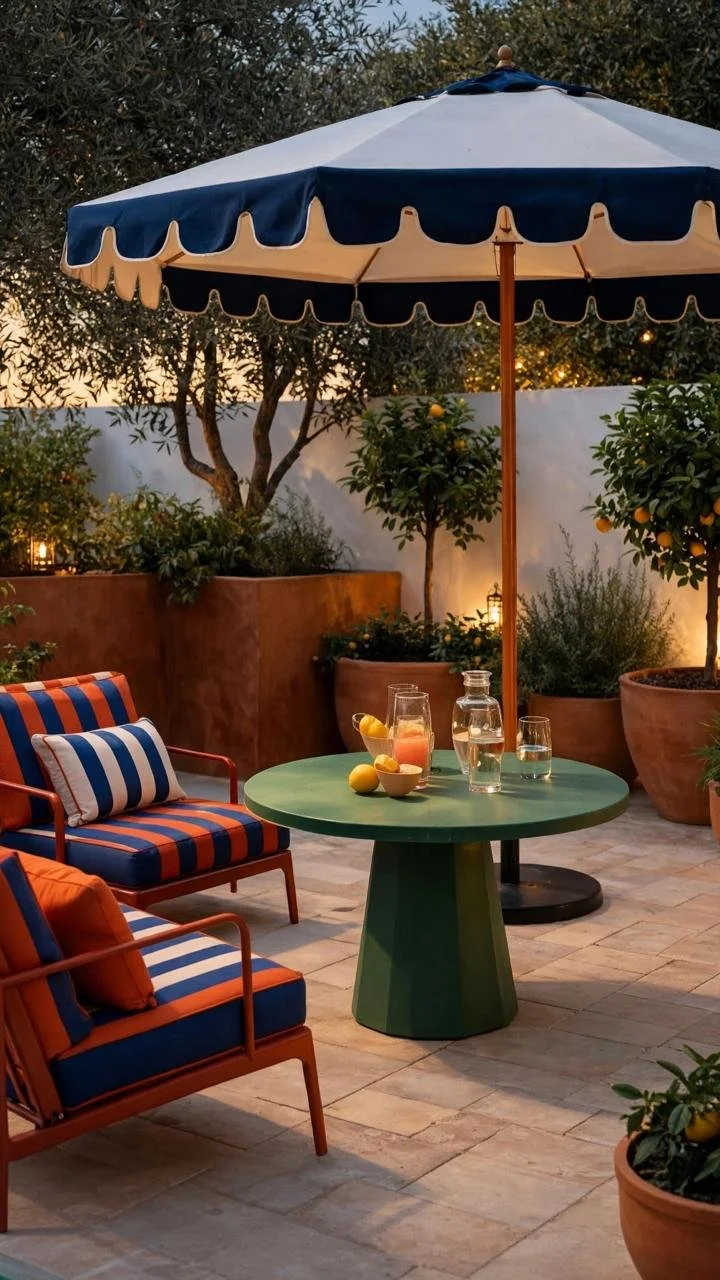 Navy, Orange, and a Green Table: The Outdoor Furniture Trio That Makes This Tiny Patio Feel Like a Riviera Café