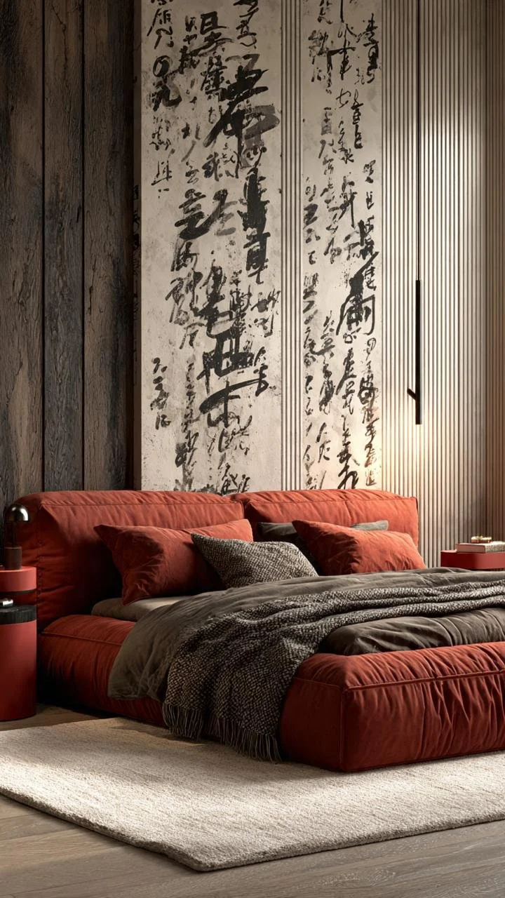 The Ink-Brush Wall Art Turning Red Beds Into the Boldest Bedroom Trend Right Now