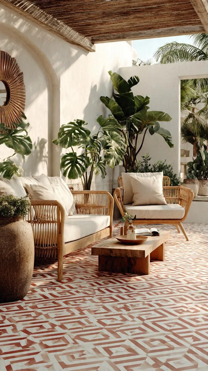 The Woven Rattan Chair Showing Up on Every Graphic Tile Floor in This Courtyard
