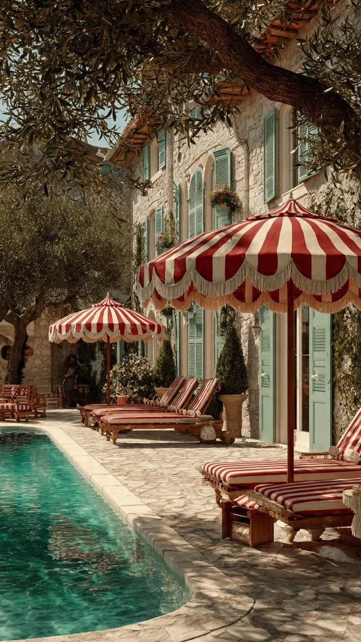 The Red-and-White Striped Umbrella Every French Riviera Pool Seems to Own