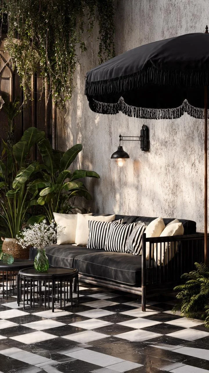 The Black Fringed Umbrella Every Jungle-Green Patio Seems to Need