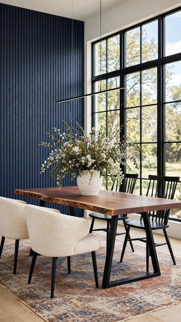 Navy Walls, Double Height Ceilings: The Modern Farmhouse Dining Room That's Replacing All-White Interiors