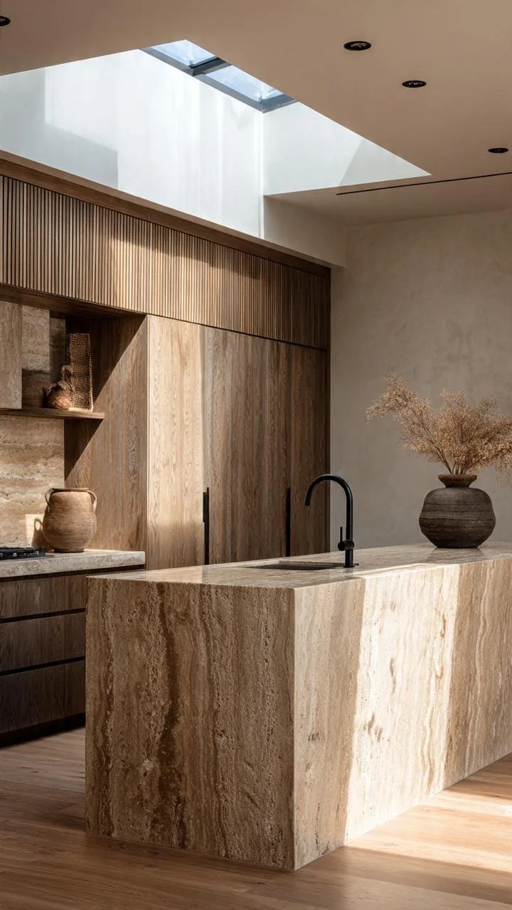 A dramatic perspective shot that accentuates the architectural, massive quality of the island. The oak cabinetry softens the straight lines, while a handcrafted vase with dry branches adds natural dynamism.