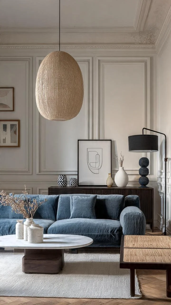 Inspired by Nordic design principles, this Japandi interior emphasizes balance, comfort, and natural beauty. Soft blue accents introduce freshness while maintaining a calm and refined aesthetic.