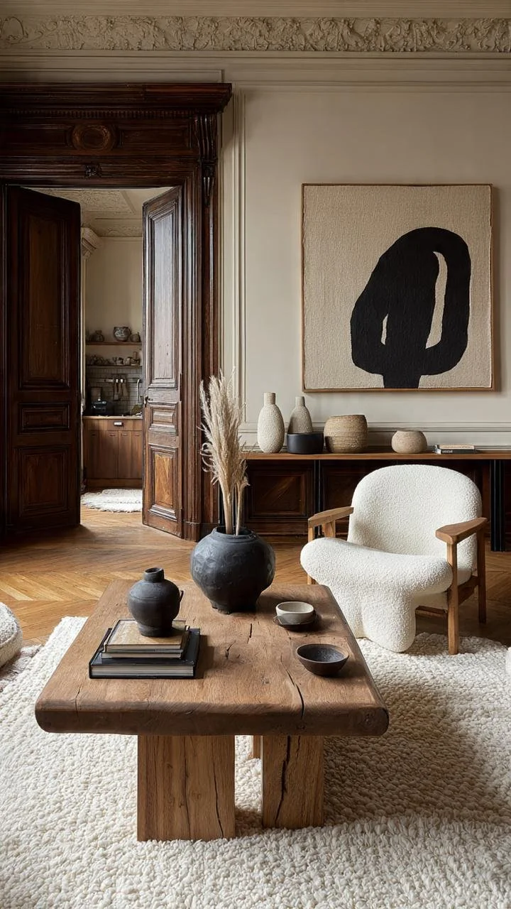 Luxury meets tranquility in this beautifully designed interior featuring neoclassical wall moldings, earthy materials, and a carefully curated gallery aesthetic that feels timeless and elegant.