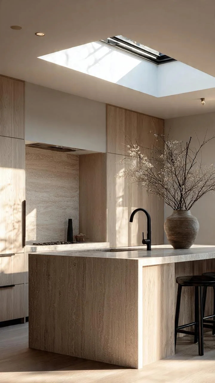 An ode to material authenticity using a strict, restrained palette: beige, cream, wood, and black. The monolithic island radiates a sense of absolute timelessness.