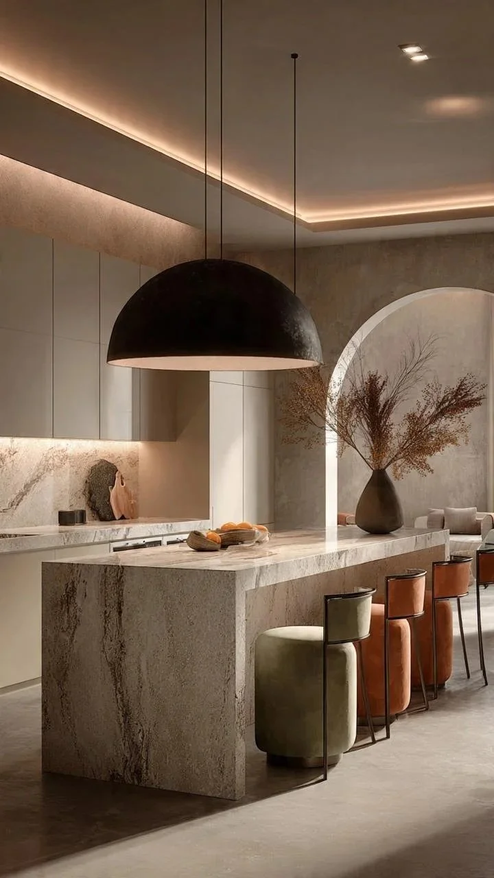 This stunning kitchen showcases a large waterfall marble island positioned beneath elegant black pendant lighting.