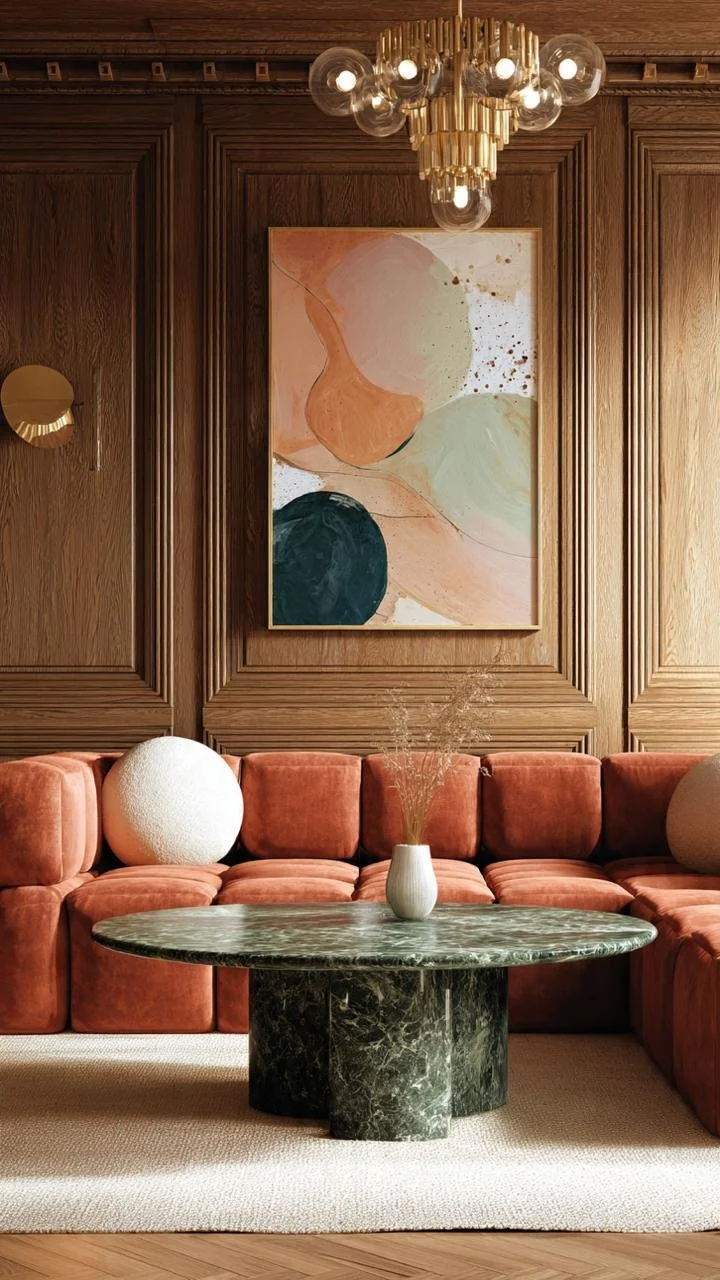 Elegant warm minimalist living room with rich textures, designer lighting, and refined architectural detailing. A perfect example of contemporary luxury interior design influenced by iconic mid-century modern aesthetics.