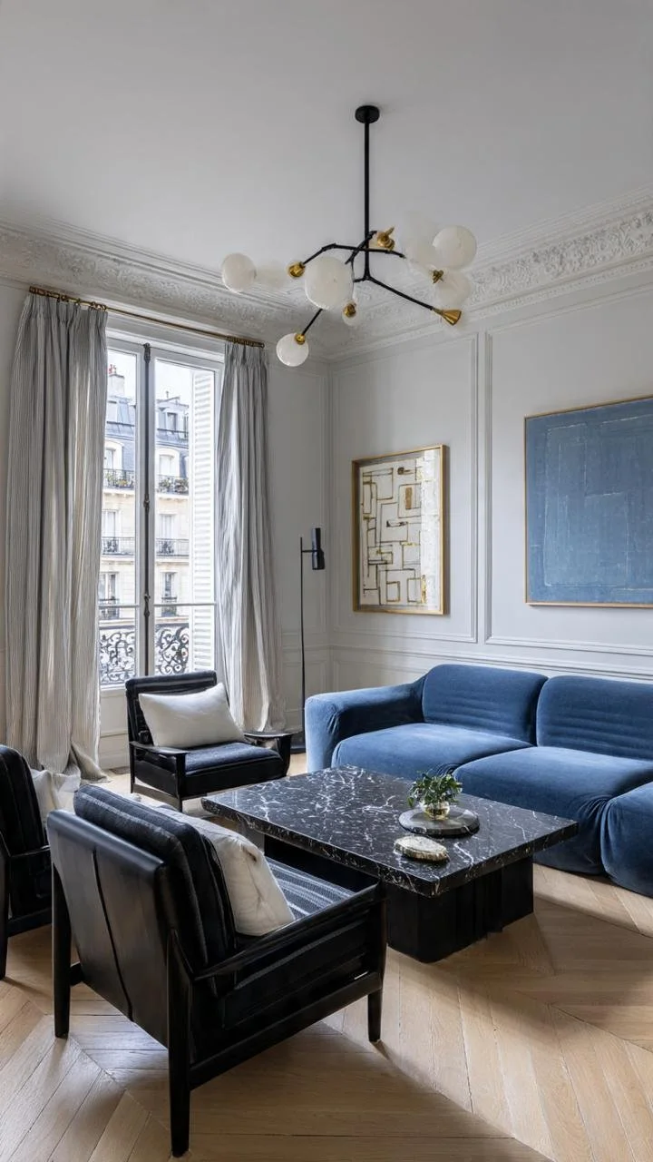 Inspired by modern Parisian residences, this sophisticated interior combines ornate wall paneling, premium materials, and striking cobalt blue elements. The result is a balanced aesthetic that feels both contemporary and timeless.