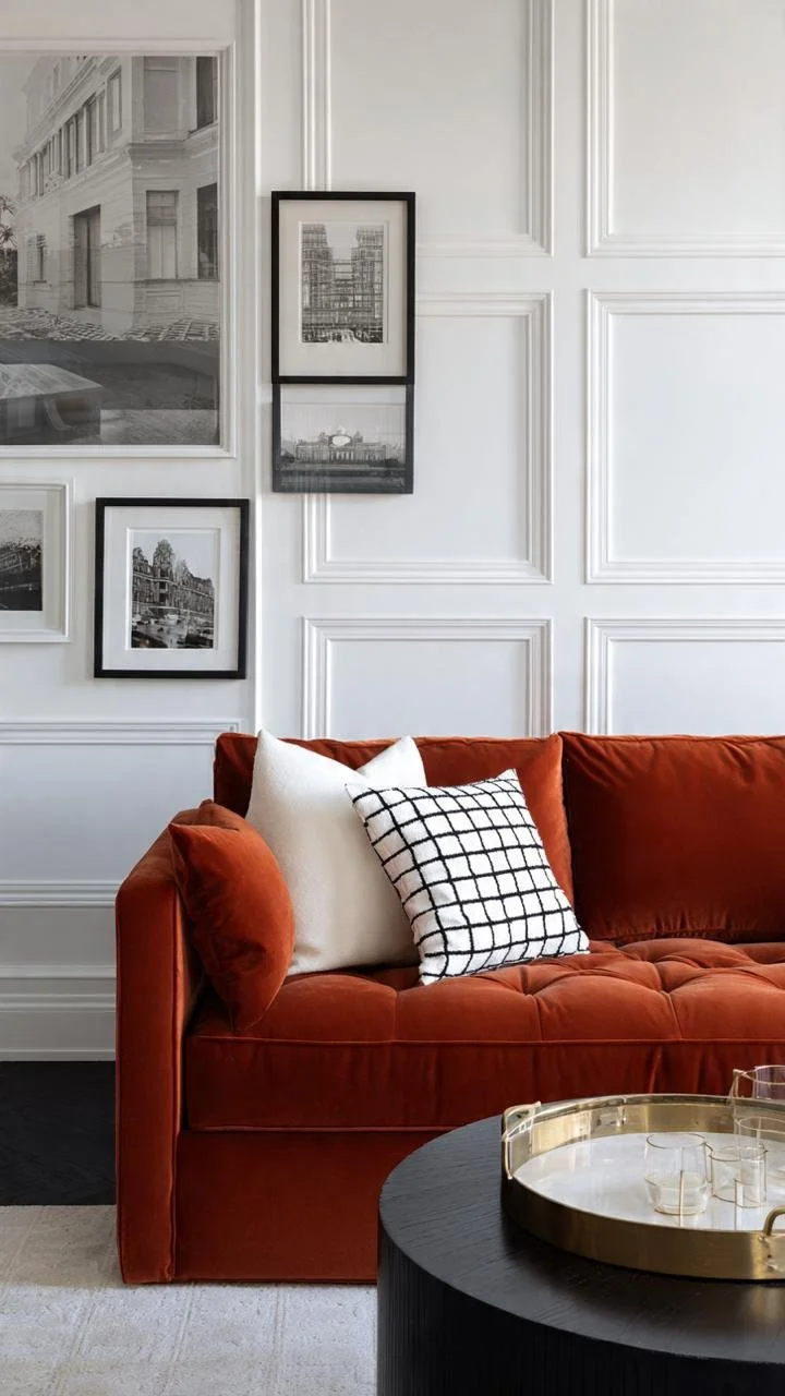 A beautifully designed living space where classic architectural details meet glamorous mid-century aesthetics. Rich materials, warm tones, and refined textures bring elegance and sophistication to every corner.