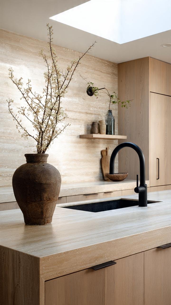 Focused on meticulous close-up details. The countertop reveals delicate patterns interacting with a sculptural ceramic vase, proving that excessive ornamentation is unnecessary when the raw material is this excellent.