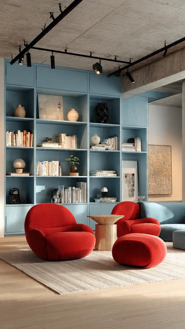 This beautifully balanced contemporary living room is defined by its custom built-in shelving system. Compared to the previous designs, this proposal is the most restrained, orderly, and refined.