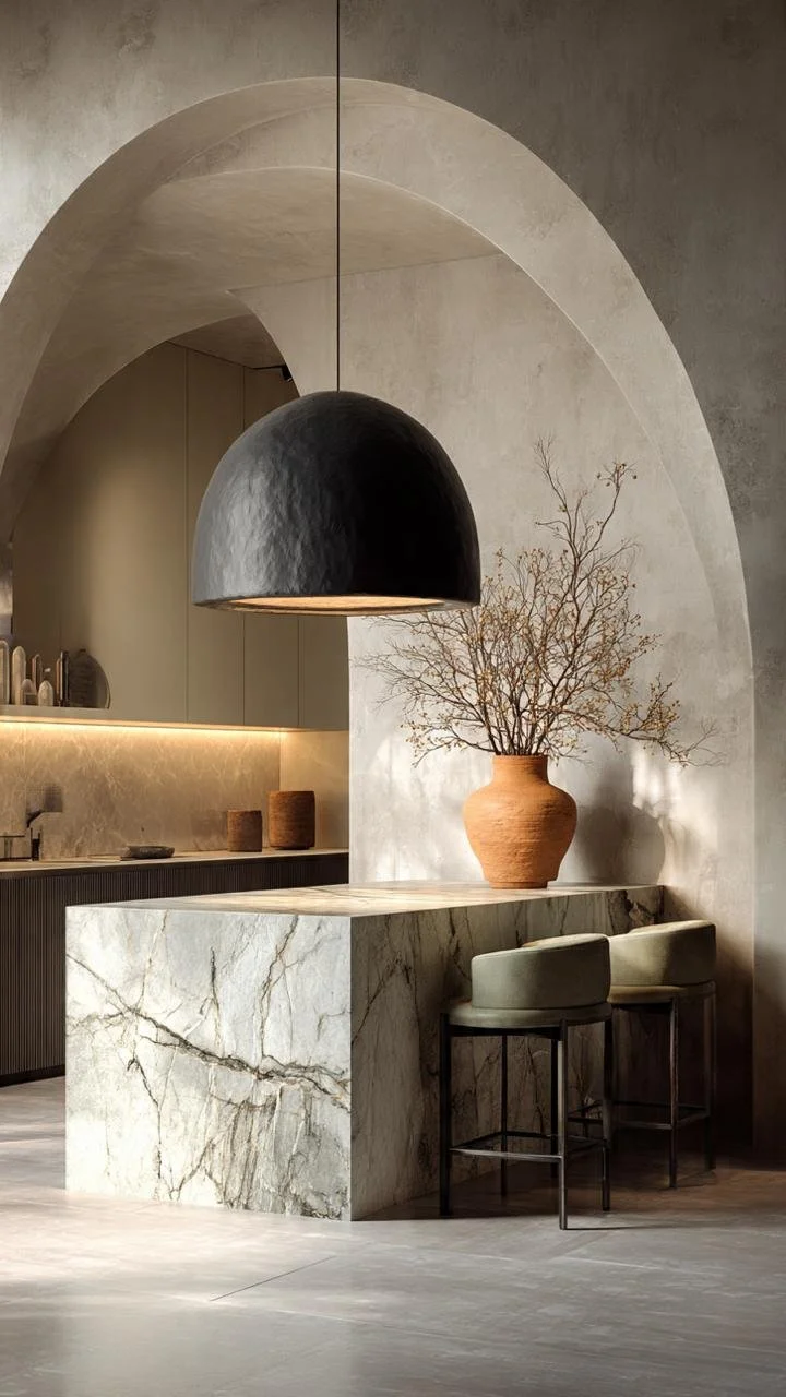 A dramatic architectural arch frames this luxurious kitchen composition, creating a sense of depth and timeless elegance.