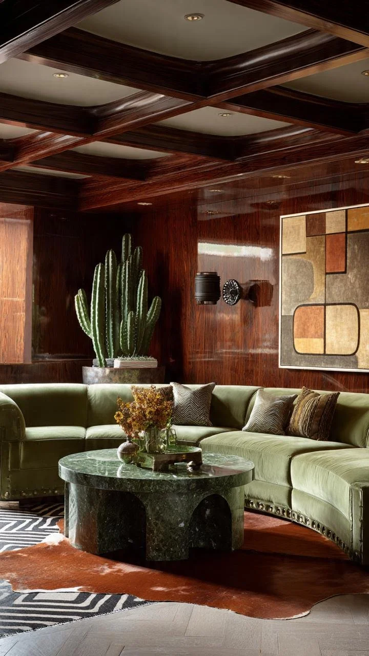 A luxurious mid-century modern corner featuring architectural wood paneling, sculptural furnishings, and warm ambient tones. The layered textures and sophisticated design elements bring depth and personality to the interior.