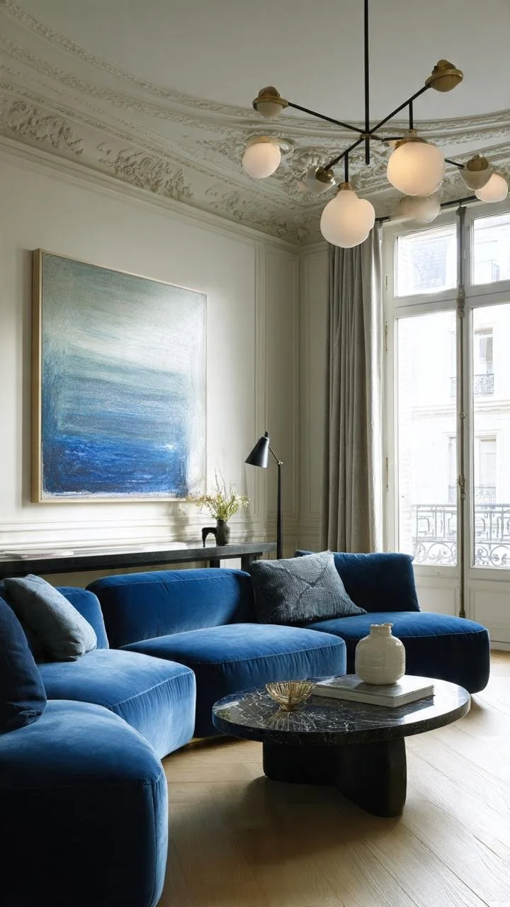 This elegant interior celebrates the harmony between contemporary design and historic Parisian architecture. Rich blue accents, sculptural furnishings, and decorative moldings create a visually striking yet timeless living space.