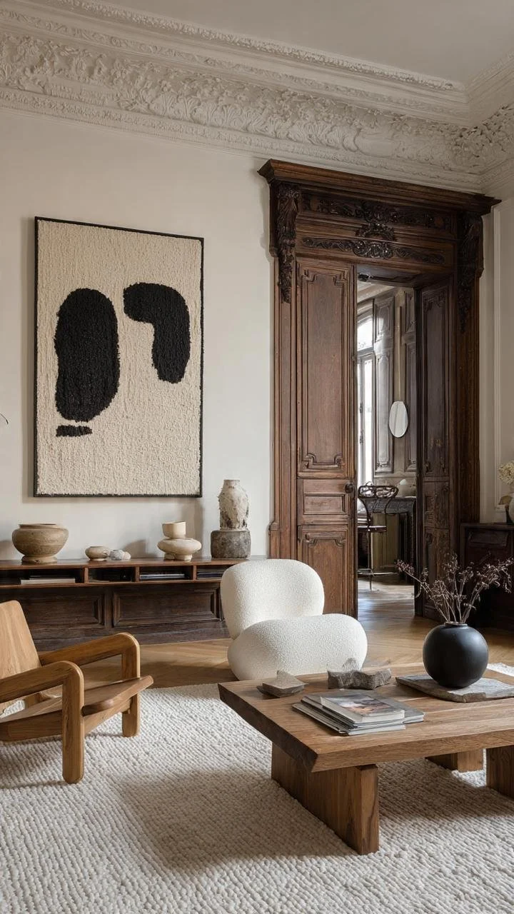 Inspired by contemporary galleries, this luxury interior celebrates natural imperfection through handcrafted materials, minimalist decor, and timeless Parisian architectural details.