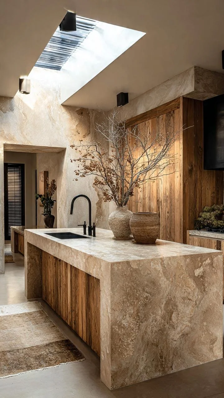 A more dramatic interpretation featuring a selection of travertine with much richer and deeper veining. The high sunlight creates striking shadows that enhance the depth and dimensionality of the surfaces.