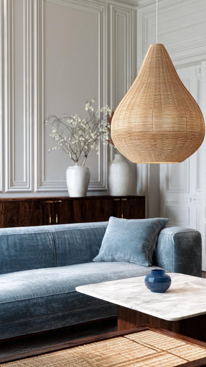 This elegant living space combines Scandinavian simplicity with Japandi warmth. Soft blue furnishings, textured wood surfaces, and abundant natural light create a sophisticated yet welcoming atmosphere.