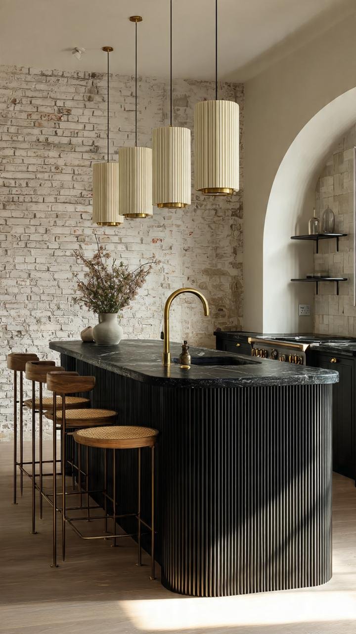 A side-angle shot of a long, curved kitchen island with a black ribbed texture. Three tall, beige cylindrical pendant lights hang in a row above it. The flooring and background elements use light wood tones for contrast.