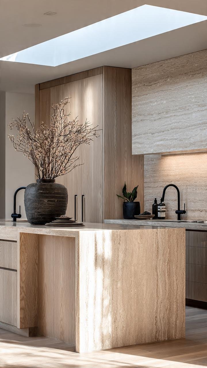 This design captures the essence of organic modern luxury. It stands out with pale wood cabinetry and a central island showcasing subtle grains illuminated by a large overhead skylight. A matte black faucet provides the ultimate contemporary accent.