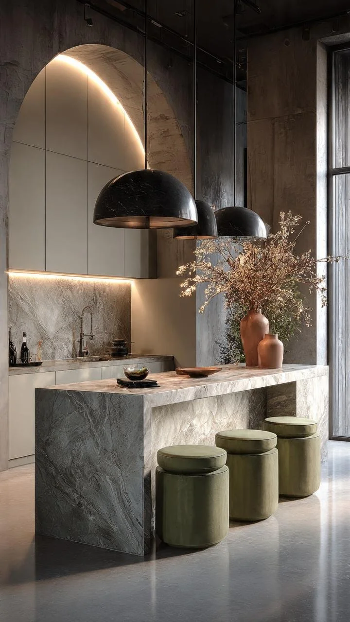 Floor-to-ceiling architectural elements create a grand sense of scale in this luxurious kitchen.
