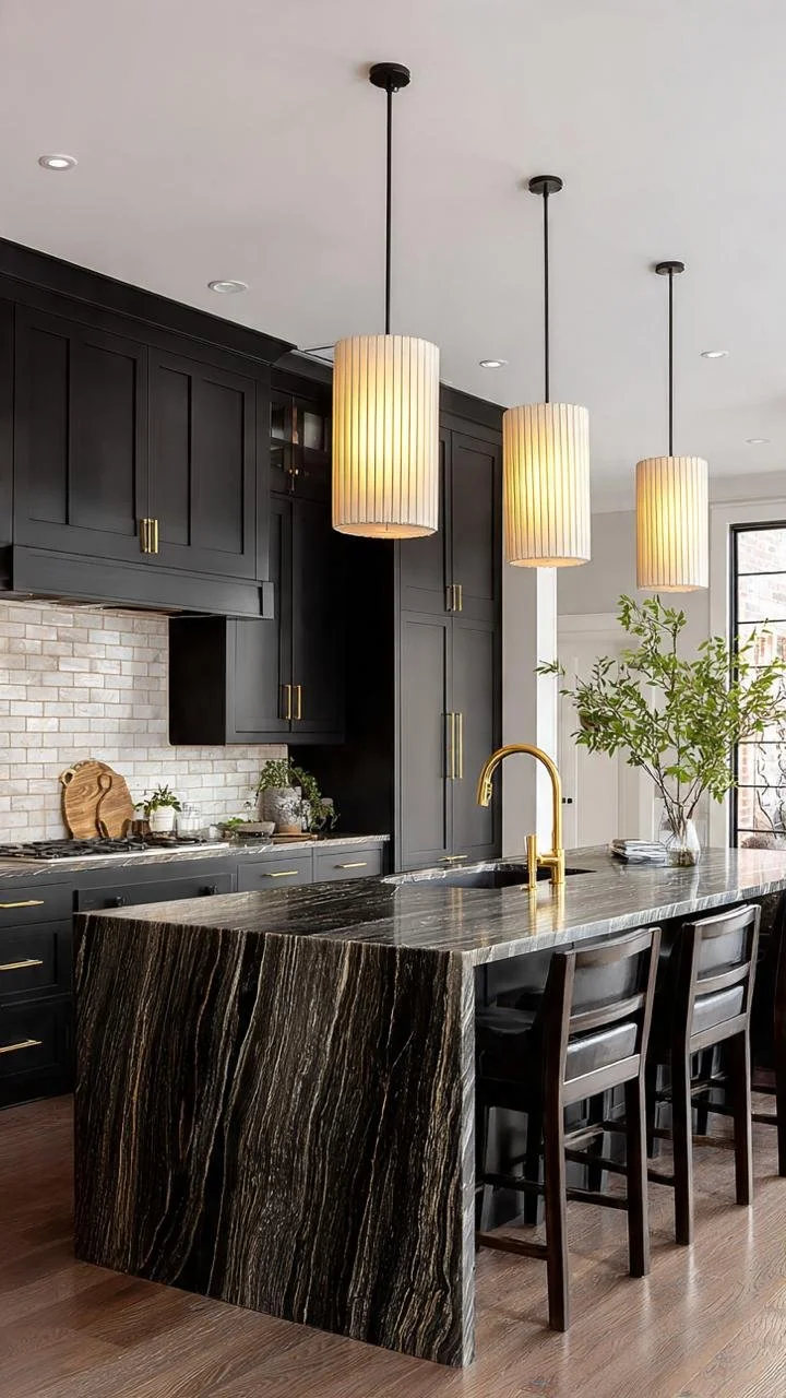 A kitchen centered on a rectangular island with unique linear marble patterns. Three frosted glass cylinder lights hang precisely over the top. The background features seamless matte black floor-to-ceiling cabinets.