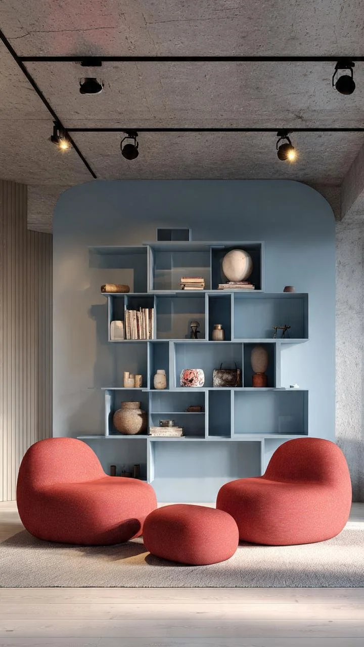 It breaks with traditional patterns thanks to its shape. Five cubic shelves are mounted on a panel that goes from floor to ceiling with arched corners, generating a marked, although not perfect, rhythm.