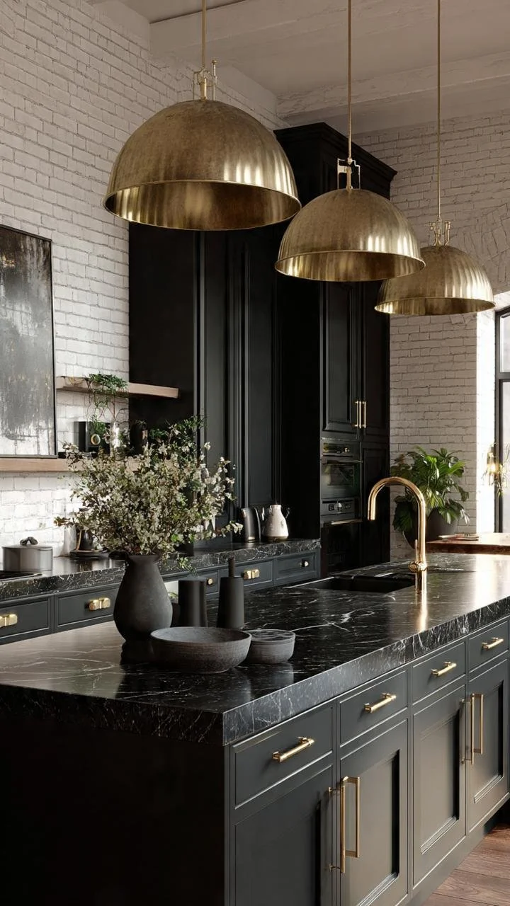 A close-up perspective of a dark kitchen setup. Two oversized, highly polished gold dome lamps reflect light over a black island. The background consists of smooth matte black cabinetry and minimalist decor.