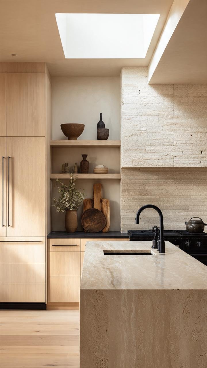 A sophisticated interplay of light and shadow cast across the travertine surfaces. The warm wood cabinetry perfectly frames the center island, pairing beautifully with botanical accessories and earthenware vases that elevate the room's Zen vibe.