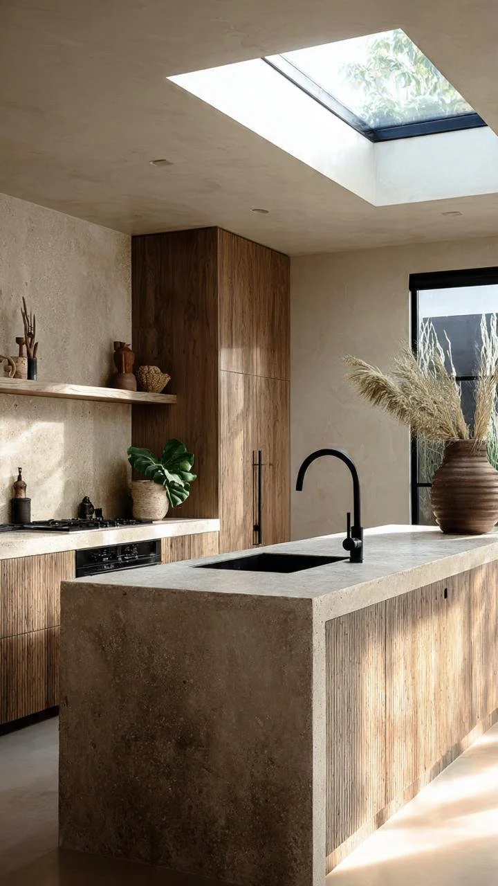 A space that balances visual openness with homey warmth. The travertine island serves as a central anchor in an environment wrapped in rich timber that provides instant visual comfort.
