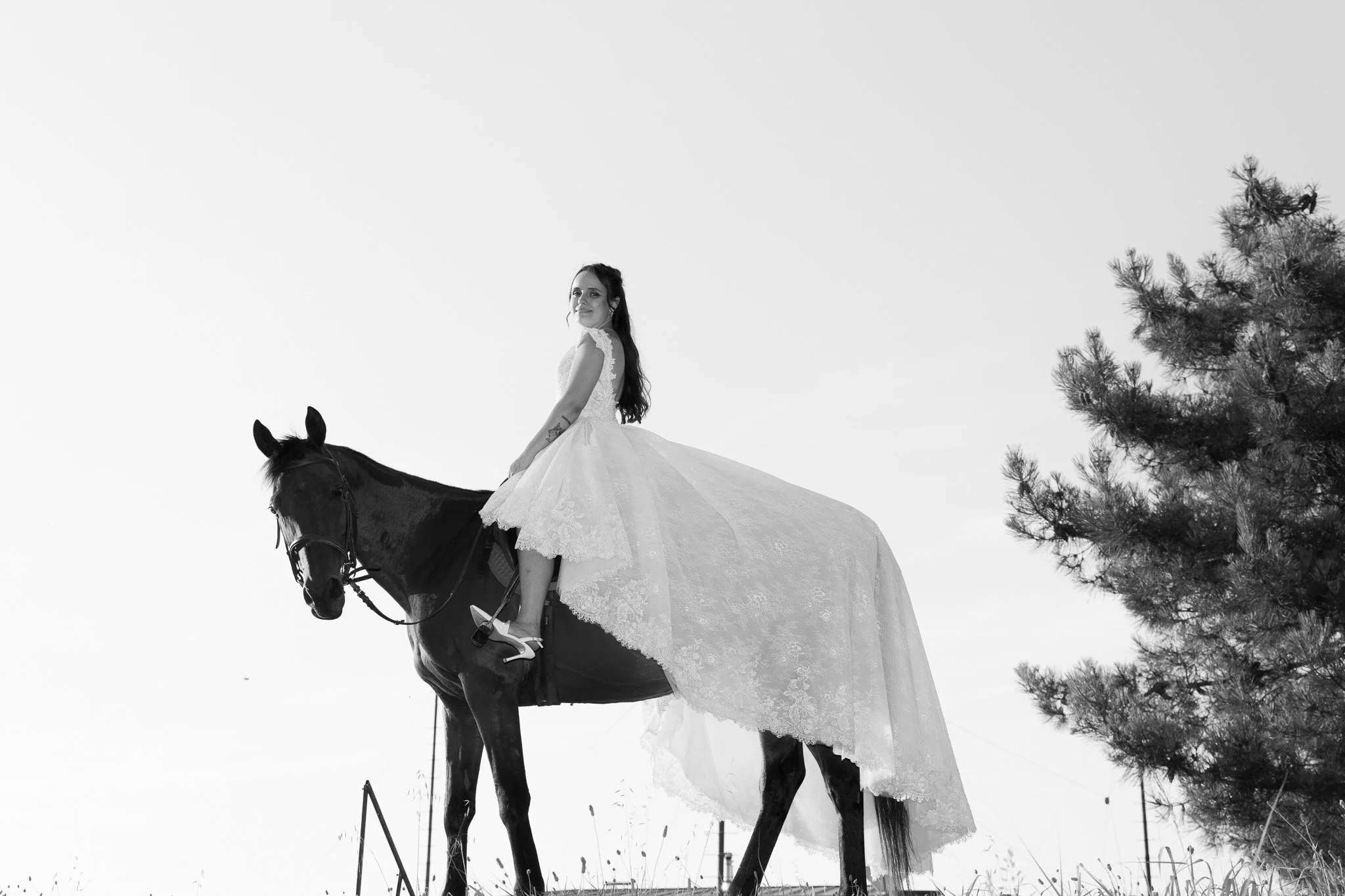Una donna in abito da sposa siede su un cavallo in un paesaggio naturale, con un albero visibile a destra. Maneggio a Marina Romea di Ravenna.