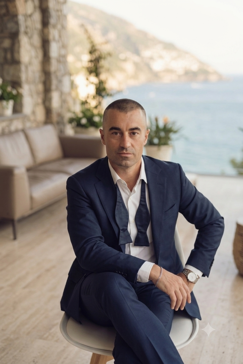 Un uomo seduto su una sedia di fronte a un panorama di mare e scogliera, indossa un abito blu scuro con una camicia bianca e ha un moto di serio.