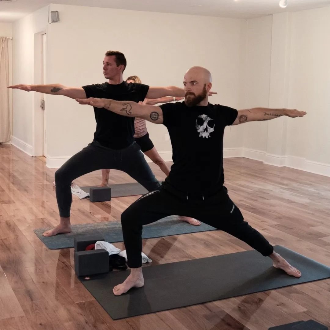 Yoga's real essence can only bloom when we focus on everything we do with full dedication and devotion, with the heightened awareness and attention of a warrior.

Eric has a soft yet focused drishti (gazing point)  in Warrior 2 during Emily&rsquo;s S