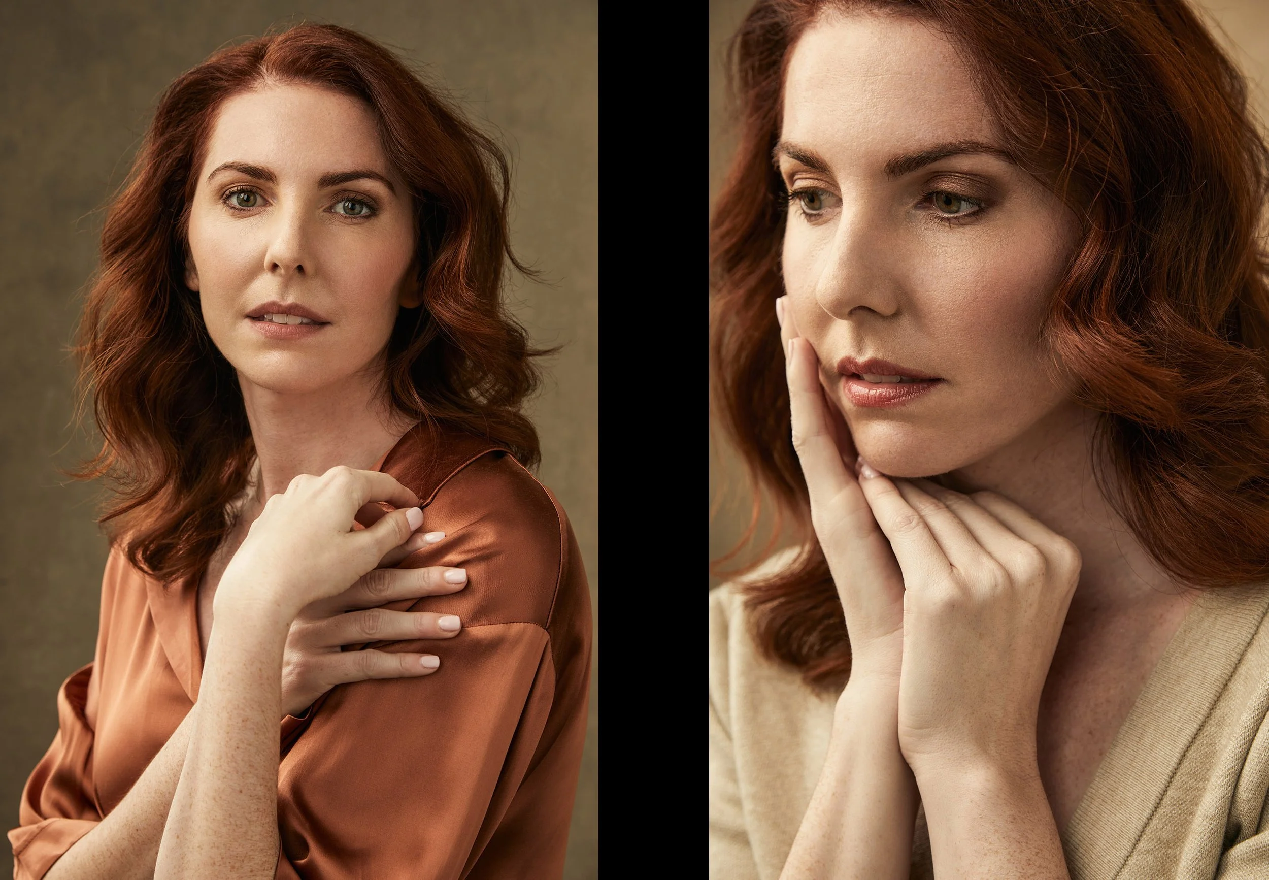 Diptych editorial portrait in a Los Angeles studio showing authentic presence and emotional expression.