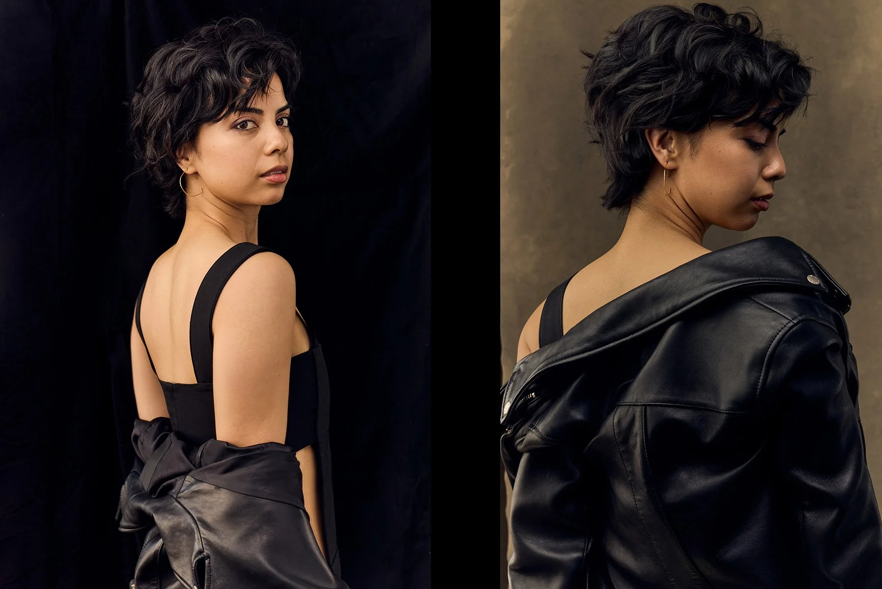 Diptych editorial portrait in a Los Angeles studio showing authentic presence and natural expression.