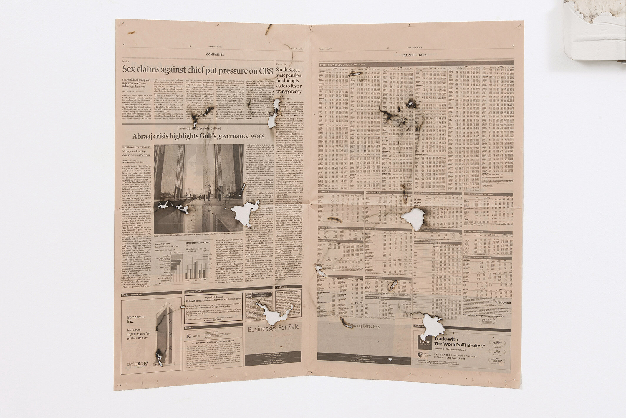   Daily Sketches, Financial Times #6 , newspaper, nails, 60cm x 50cm, 68projects, Berlin, Germany, 2018 