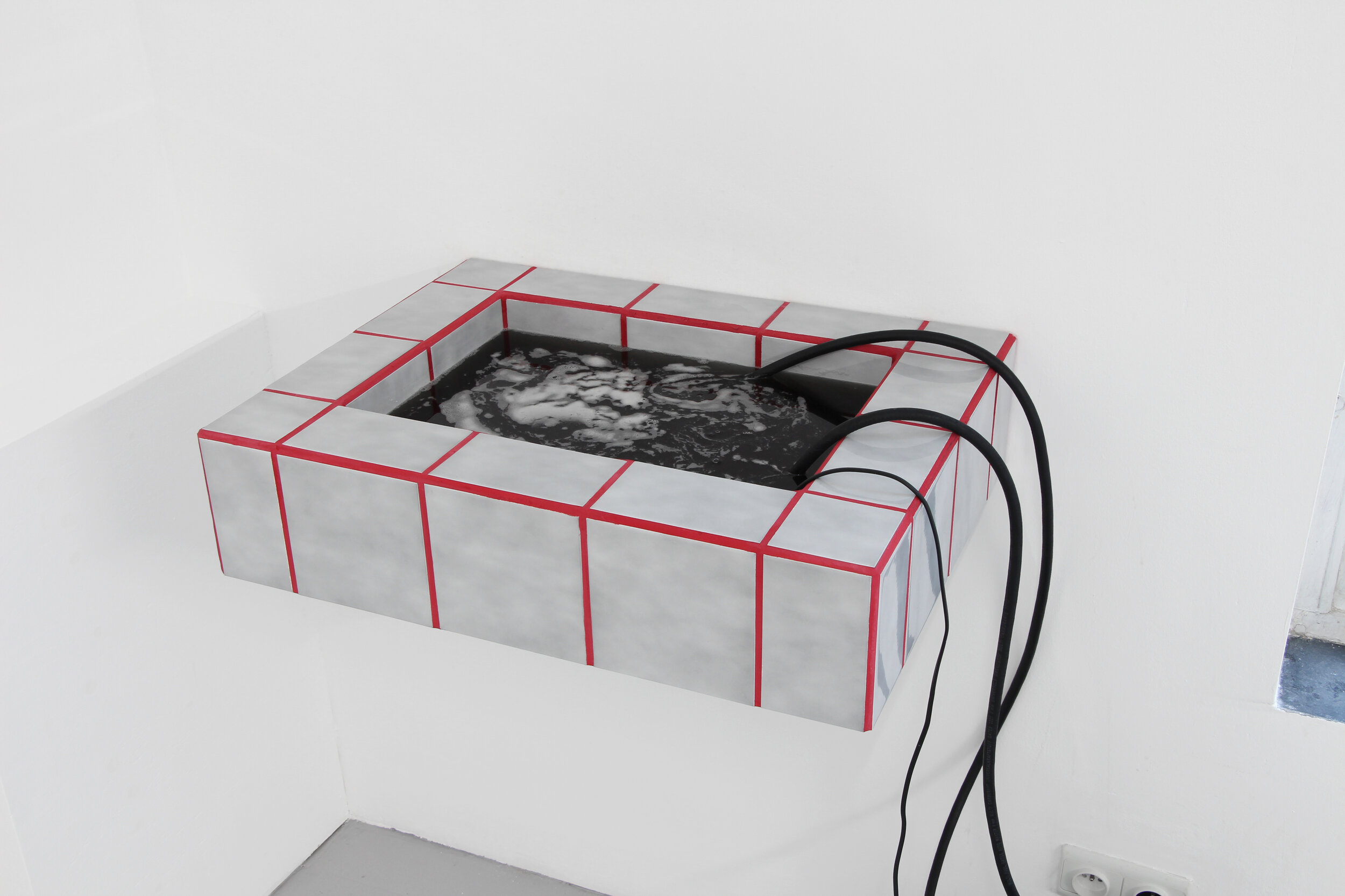   Agua de frijoles  (Detail), bean infused water, tile fountain, pumps and cables, plactic bucket, size variable, Canopy Gallery, Brussels, 2016 