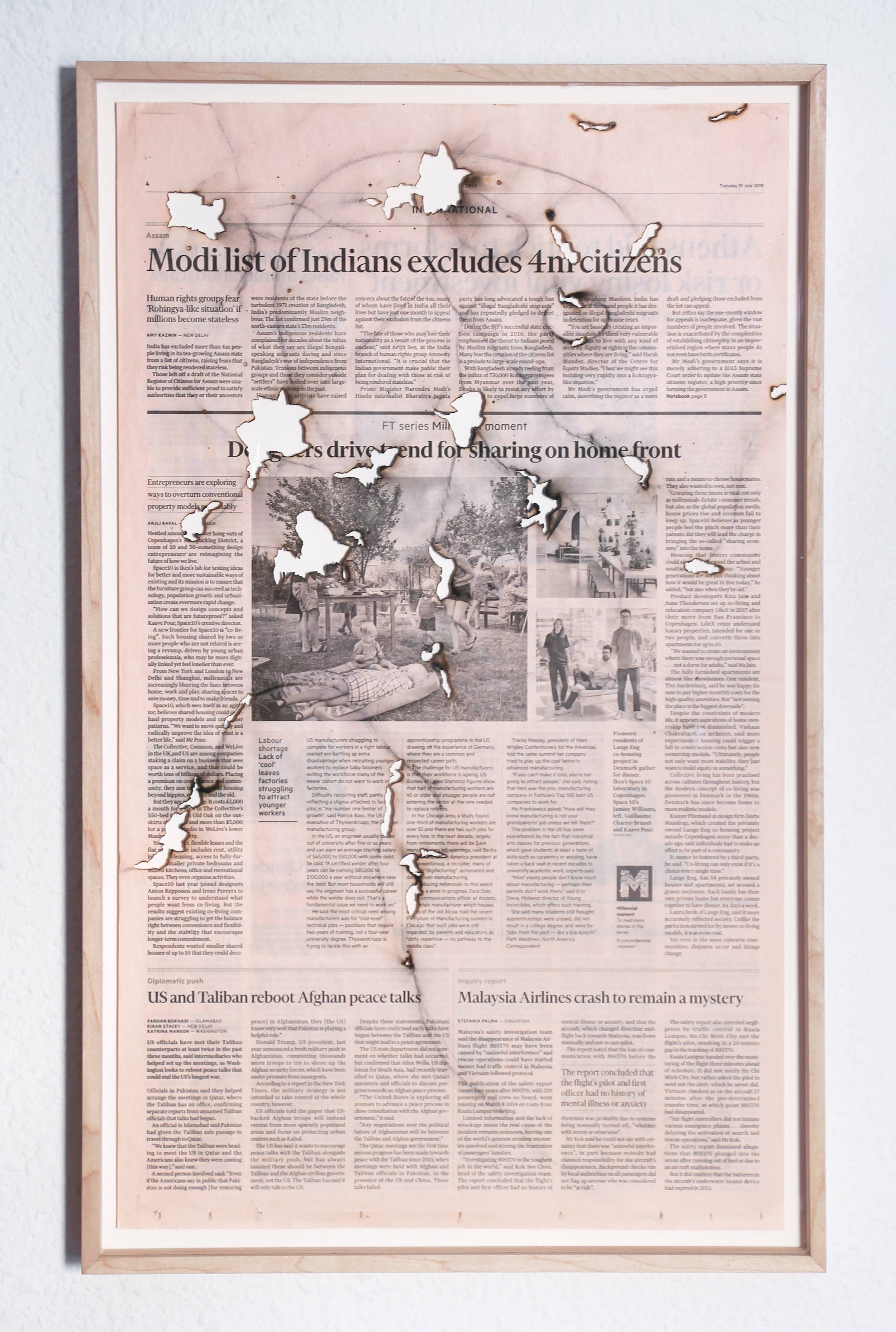   Daily Sketches, Financial Times #1 , The Financial Times newspaper, pirotecnicfuse, 59,5cm x 37cm x 4,5cm framed (Maple, Anti-UV Museum glass), 2018 
