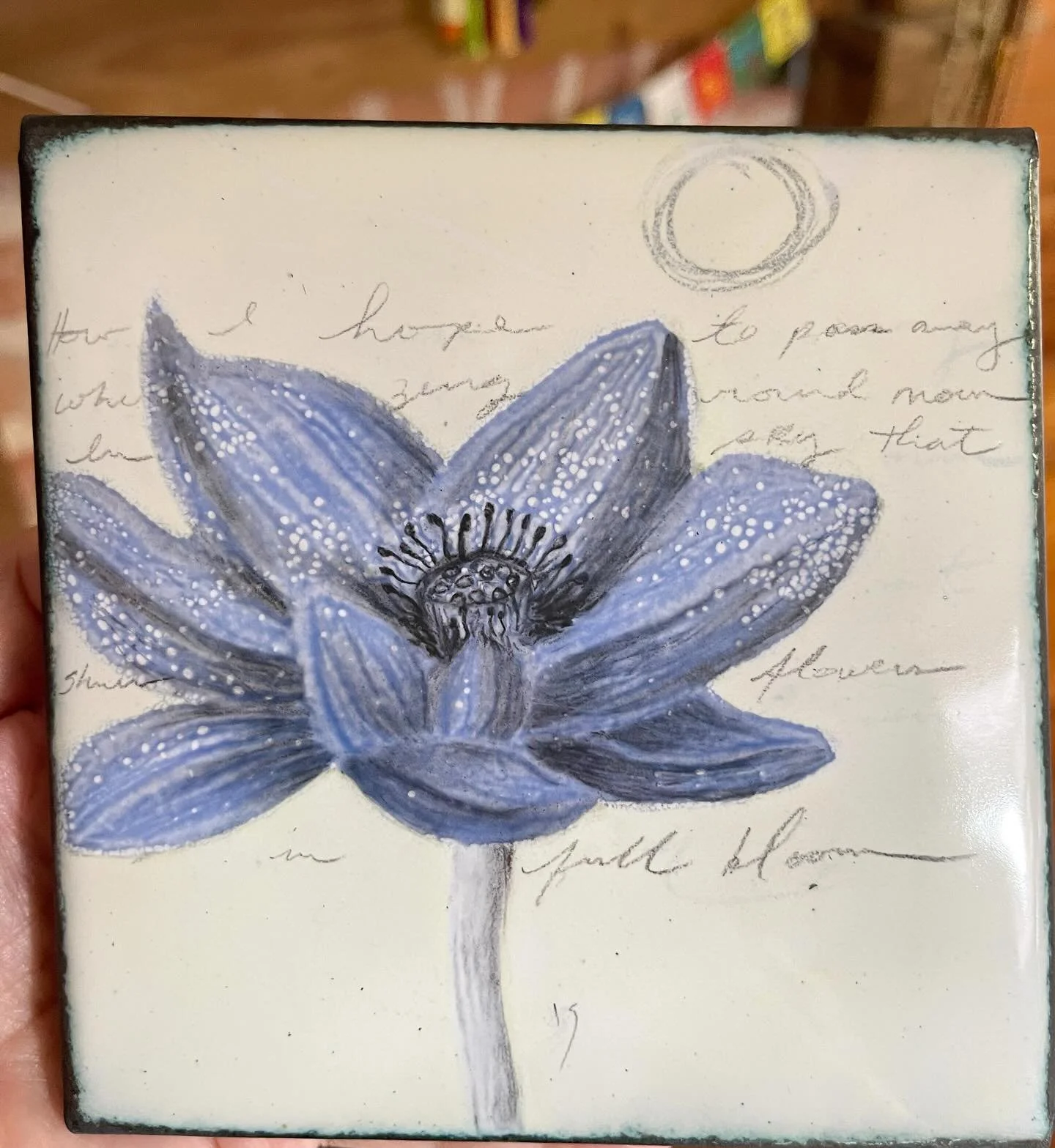 I call this piece Lotus Moon. Inspired by Rengetsu&rsquo;s poem &lsquo;Death Verse&rsquo;

How I hope to pass away 
While gazing at a round moon
In a cloudless sky that
Shines over lotus flowers
In full bloom. 
~Rengetsu 

vitreous enamel, underglaze