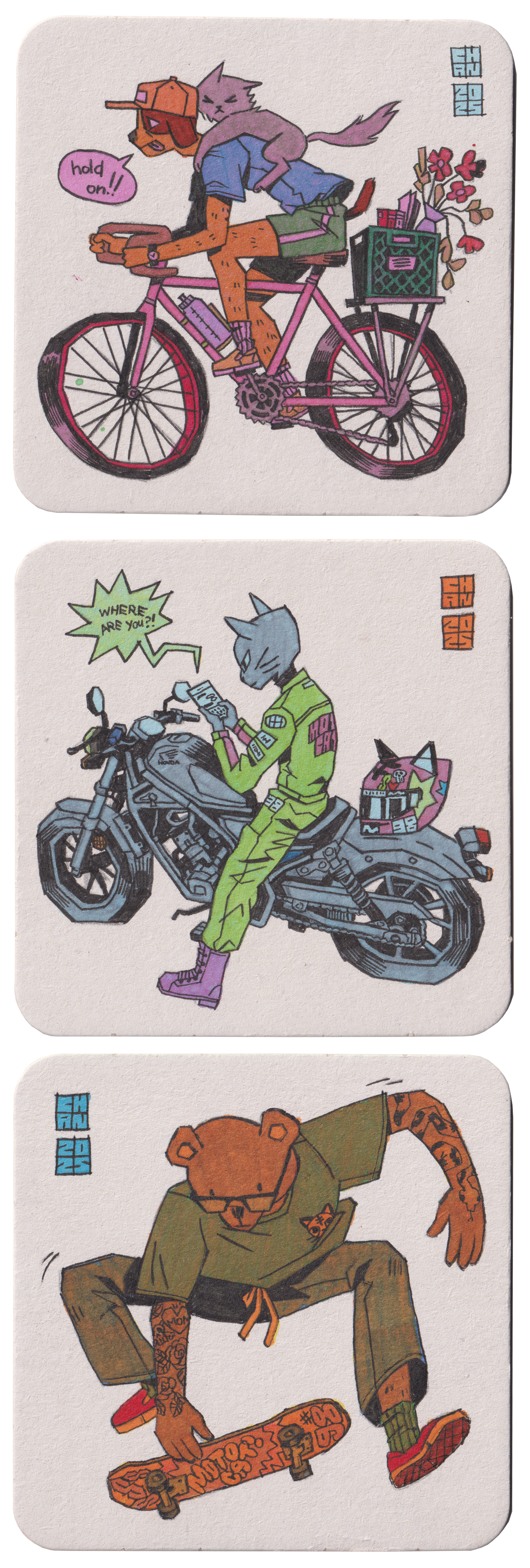 2025, drawings on coasters for Nucleus Portland's SALUT! 10 Coaster Exhibition