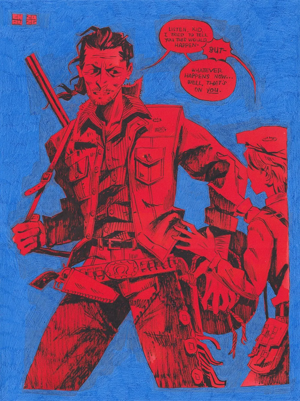 "Trouble", 2026, ink, colored pencil & acrylic, for "In All Seriousness, a Chan (flesh.png) Solo Exhibition" at Gallery Nucleus in 2026
