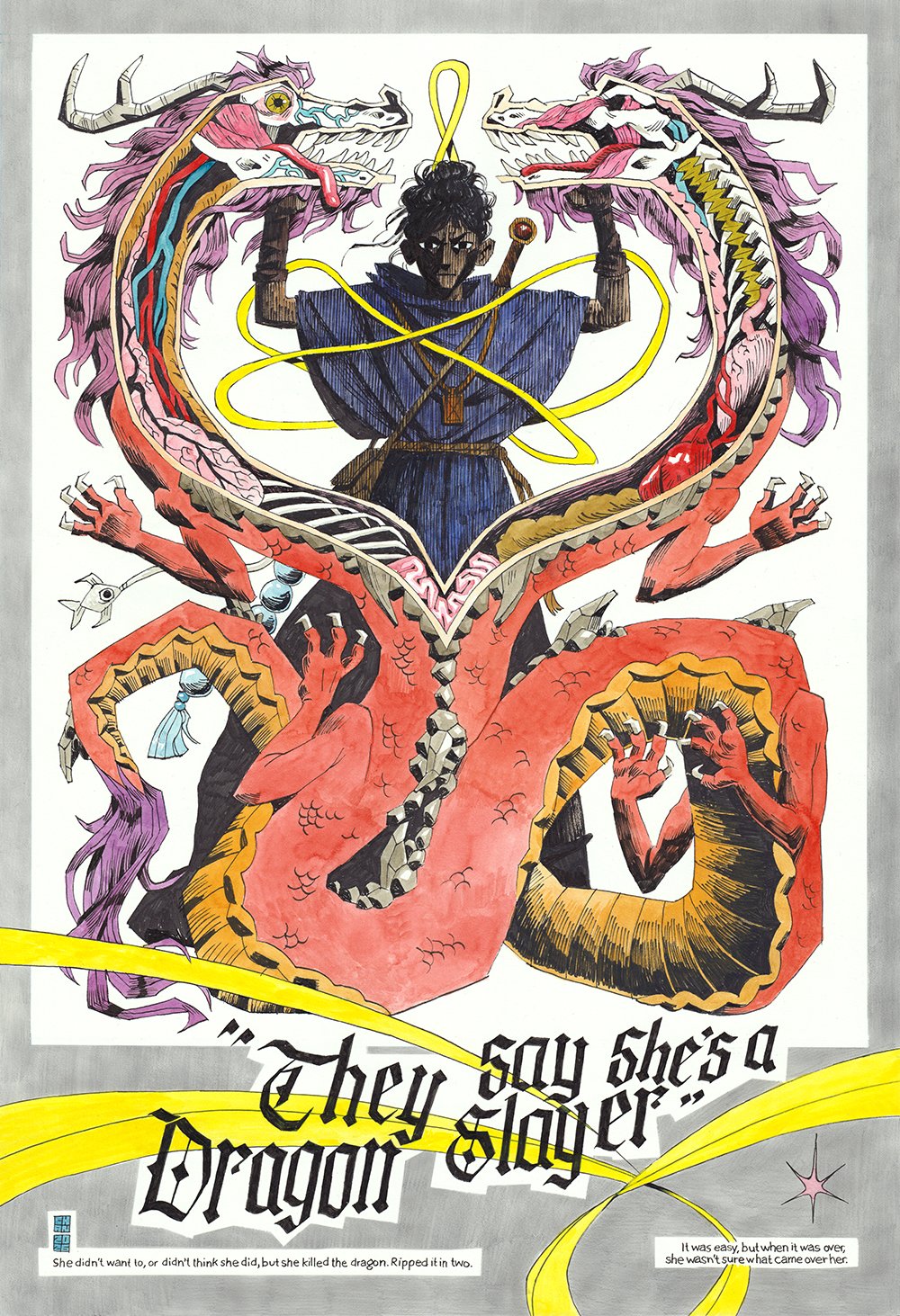 "Dragon Slayer", 2026, ink, watercolor, acrylic & graphite, for "In All Seriousness, a Chan (flesh.png) Solo Exhibition" at Gallery Nucleus in 2026