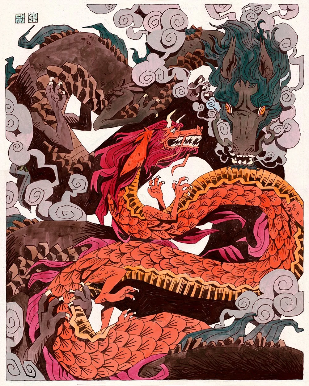 "Two Dragons", 2026, gouache, ink and acrylic, for "In All Seriousness, a Chan (flesh.png) Solo Exhibition" at Gallery Nucleus in 2026