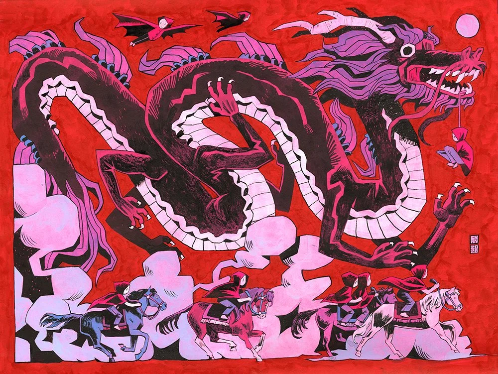 "Riding In", 2026, ink, gouache & acrylic, for "In All Seriousness, a Chan (flesh.png) Solo Exhibition" at Gallery Nucleus in 2026