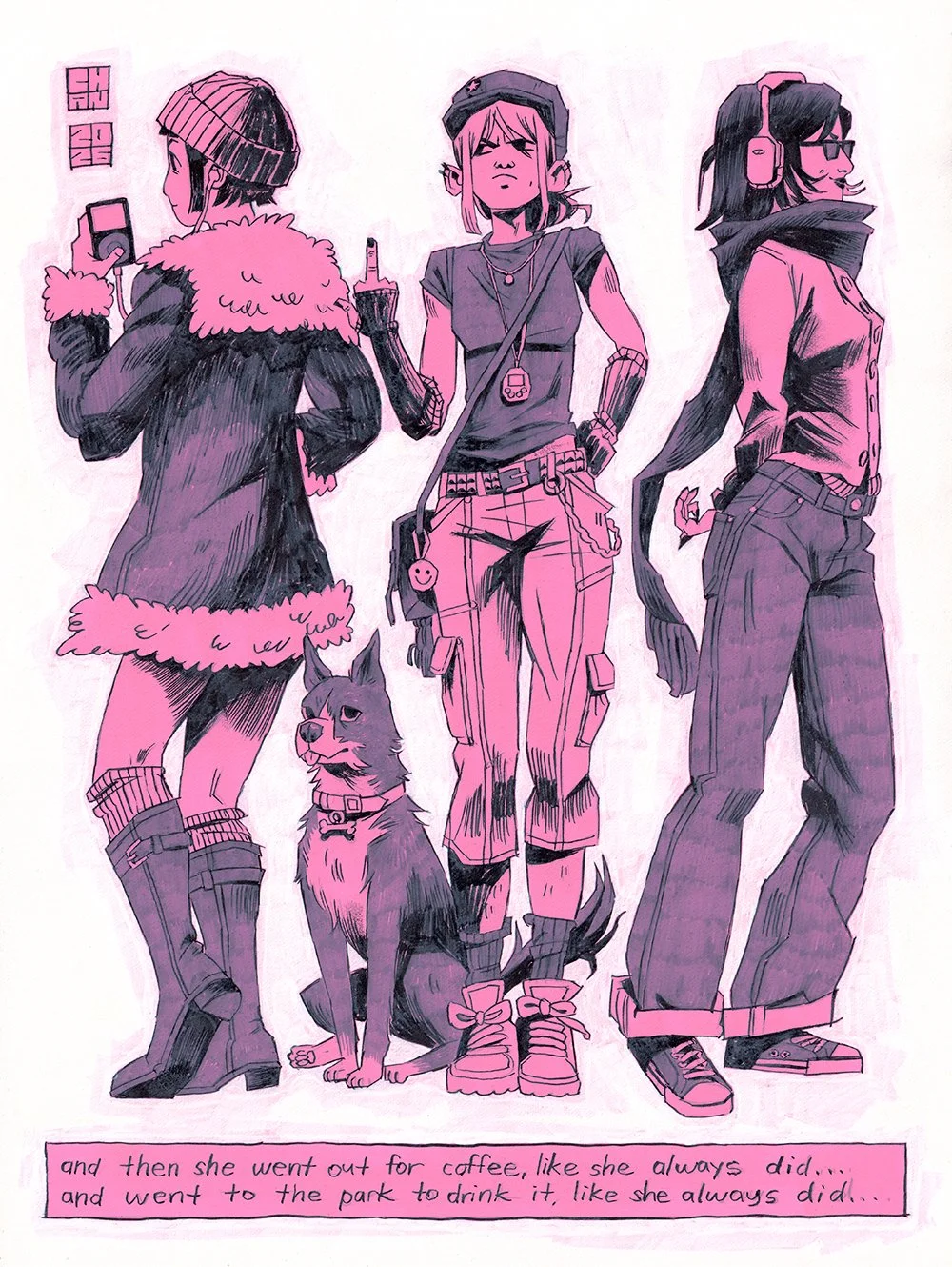 "City Girls", 2026, ink and acrylic, for "In All Seriousness, a Chan (flesh.png) Solo Exhibition" at Gallery Nucleus in 2026
