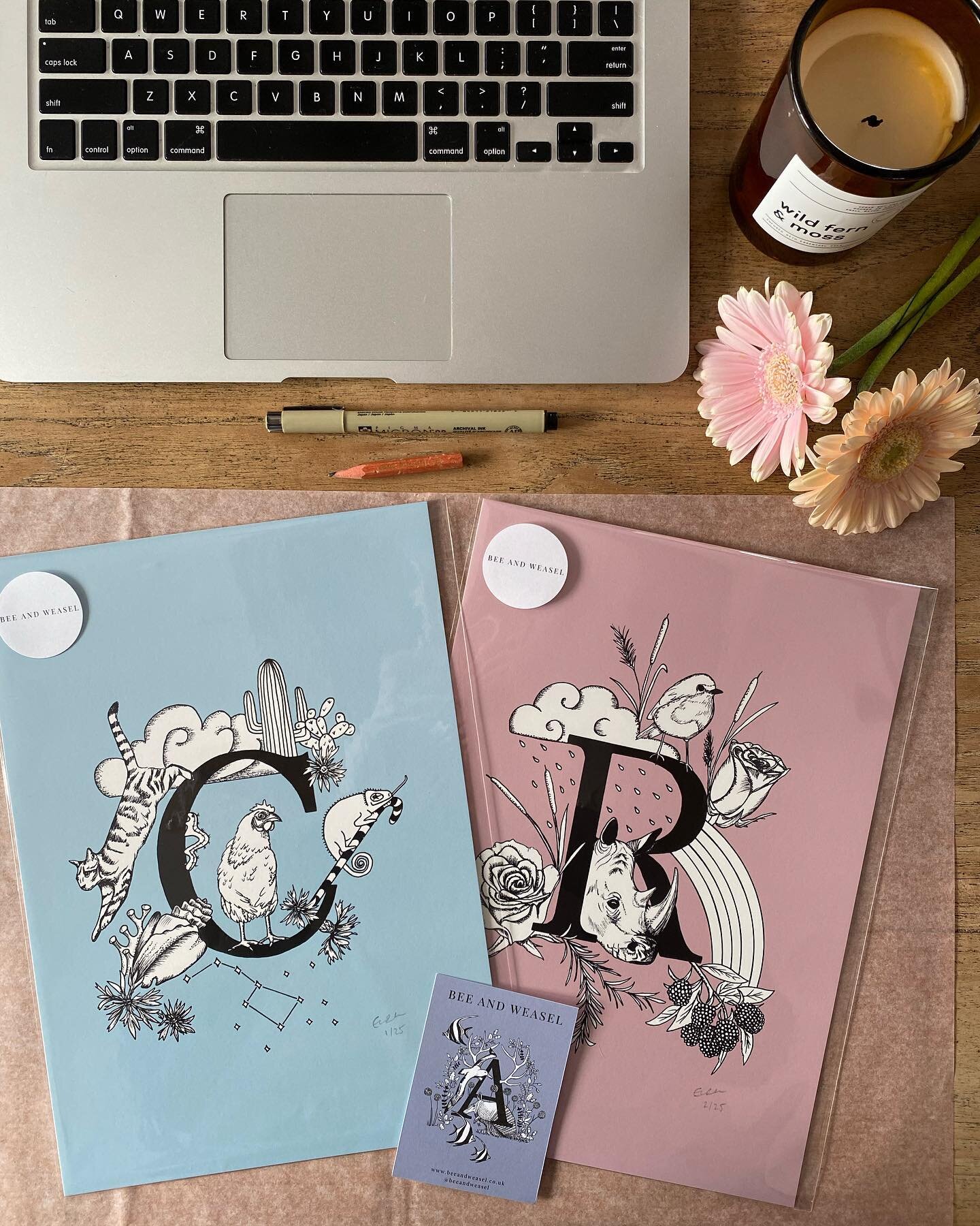 Alphabet prints available to order over on my website 💫 
Here we have C in &lsquo;arctic blue&rsquo; and R in &lsquo;rose pink&rsquo;.
How many things can you spot beginning with C and R? 🐓🦏 
👇🏻
www.beeandweasel.co.uk
&bull;
&bull;
&bull;
#alpha