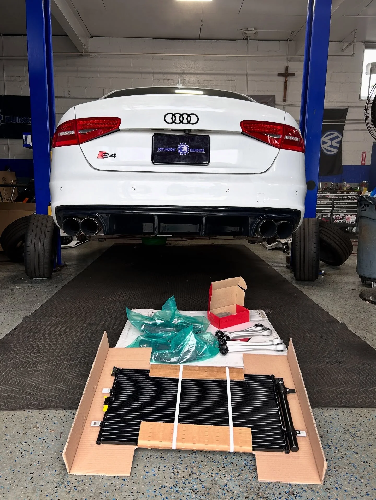 This B8 S4 came in with no AC, torn/worn upper control arms, and worn down rear brakes. Turns out the AC condenser was leaking &amp; slightly damaged. We got that replaced along with those control arms and rotors + pads. Smoother and cooler rides ahe