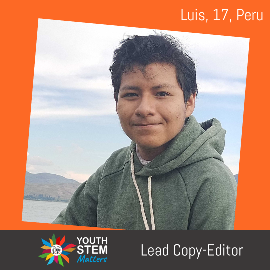 Headshot of Luis Ortega, surrounded by orange frame.  Luis, 17, Peru.  Lead Copy-Editor.