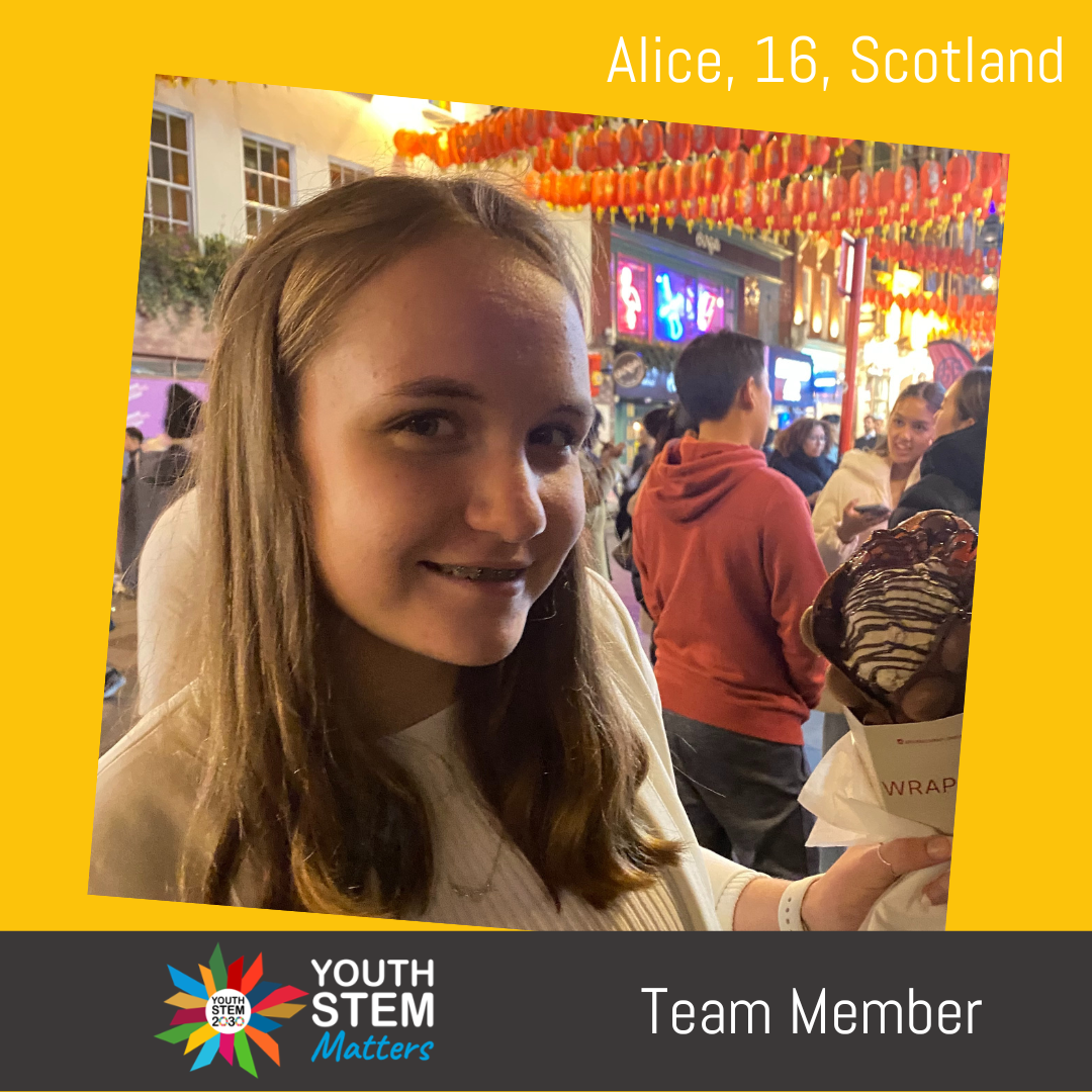 Headshot of Alice Cameron, surrounded by yellow frame.  Alice, 16, Scotland.  Team Member.