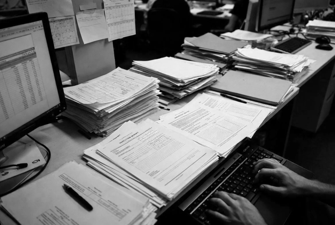 Desk cluttered with piles of papers, documents, and files, with a person typing on a keyboard and a computer monitor displaying data.